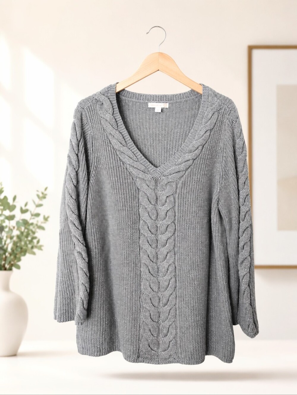 Westport 1962 Gray Cable Knit V-Neck Sweater Women's Plus Size 2X Shimmer